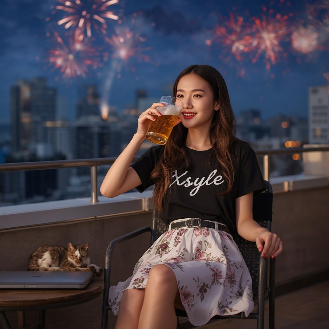 A young East Asian woman with long dark hair, wearing a black t-shirt and a floral skirt, sits on a chair on a balcony at night, holding a glass of beer and smiling. Fireworks are visible in the sky behind her.