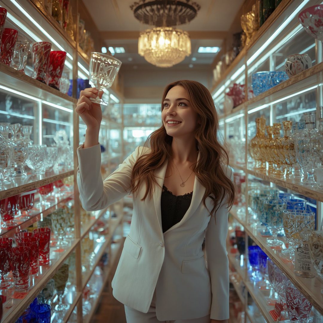 A young woman in a white suit holds up a crystal glass in a shop filled with glassware.