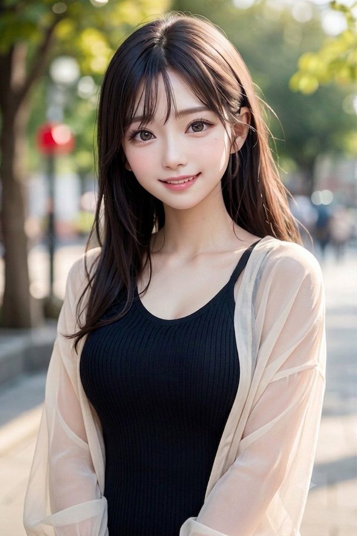 A photorealistic AI portrait of a young East Asian woman with long dark hair, wearing a black tank top and a sheer cardigan, smiling gently outdoors.