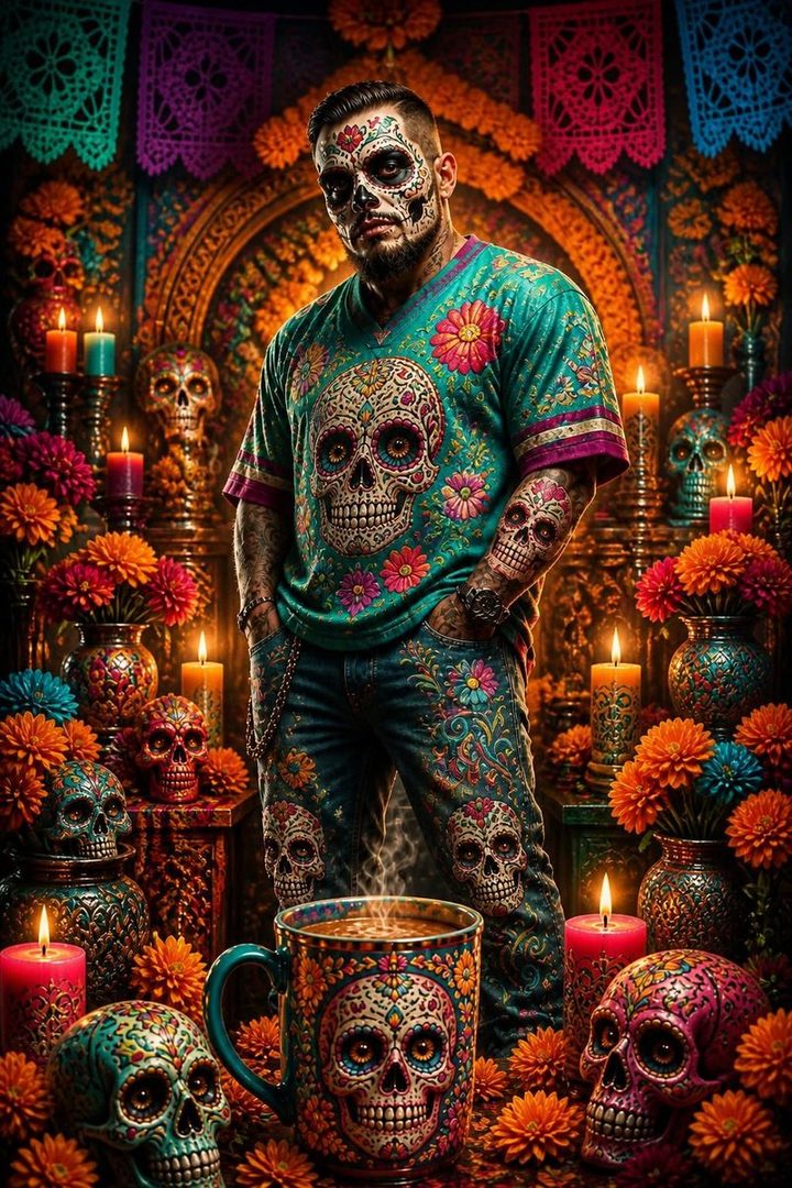 A man with Day of the Dead face paint and skull-themed clothing stands in a festive setting with candles and flowers.