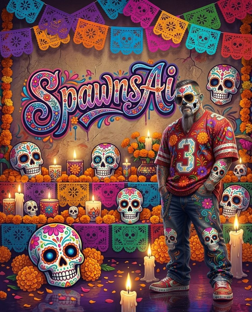 A man with a beard and sunglasses, adorned with sugar skull face paint and tattoos, stands in a festive Day of the Dead setting with marigolds and papel picado banners.