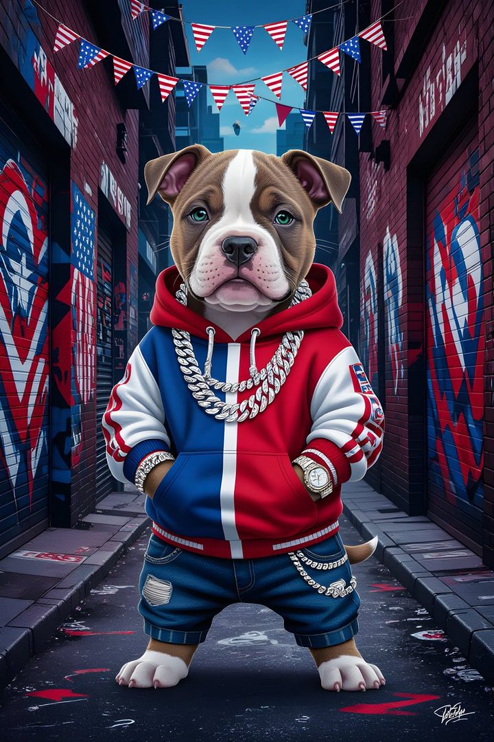 A photorealistic portrait of a pitbull dog wearing a red and blue hoodie, ripped jeans, and heavy silver chains, standing in a graffiti-covered alley decorated with American flags.