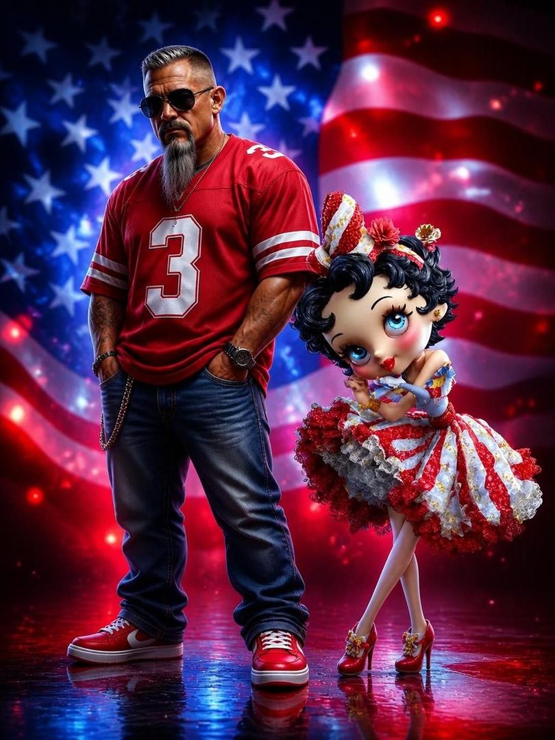 A man in a red football jersey and jeans stands next to a cartoonish character resembling Betty Boop, with an American flag in the background.