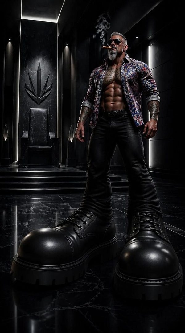 A muscular man with a beard and tattoos, wearing a patterned shirt and black pants, stands in a dark, luxurious room, smoking a cigar.