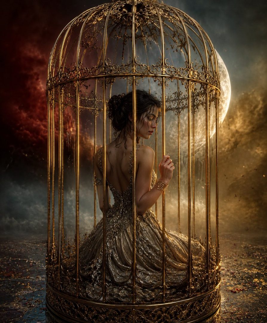 A woman in a golden cage, wearing a shimmering golden dress, with a dramatic sky and moon in the background.