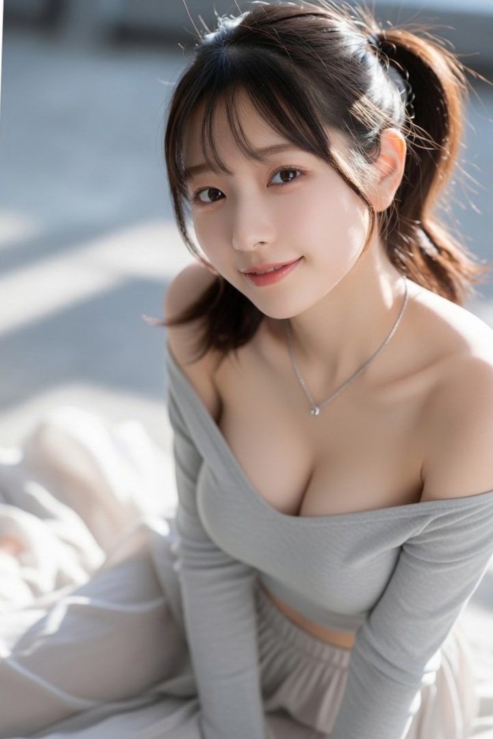 A young East Asian woman with her hair in a ponytail, wearing a grey off-the-shoulder top, looking at the camera with a gentle smile.