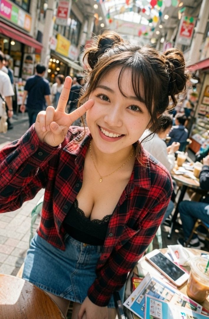 A young Japanese woman with brown hair styled in twin buns, wearing a red plaid shirt over a black lace top and a denim skirt, smiles and makes a peace sign while sitting outdoors on a sunny day.