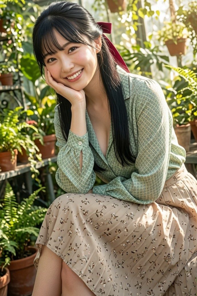 A young East Asian woman with long black hair tied back with a red ribbon, smiling gently while resting her chin on her hand. She is wearing a green patterned blouse and a floral skirt, sitting in a sunlit greenhouse surrounded by lush green plants.