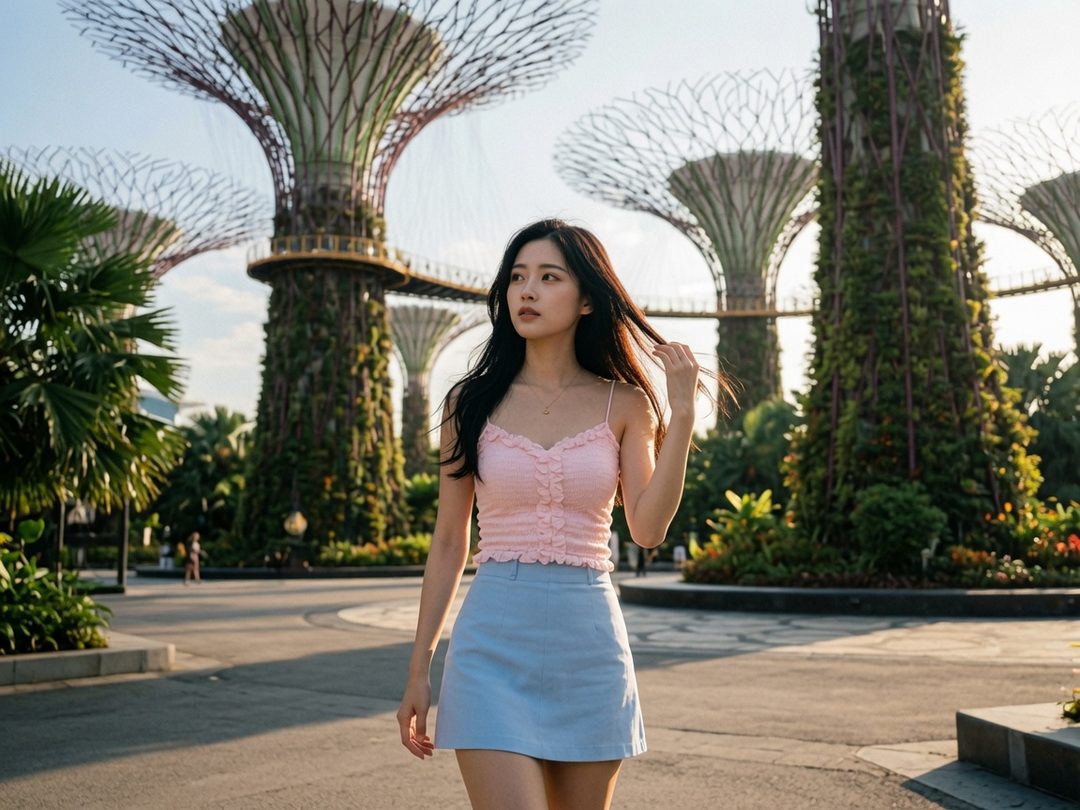 A young woman with long black hair wearing a pink camisole and blue skirt walks through Gardens by the Bay in Singapore, with the Supertrees in the background.