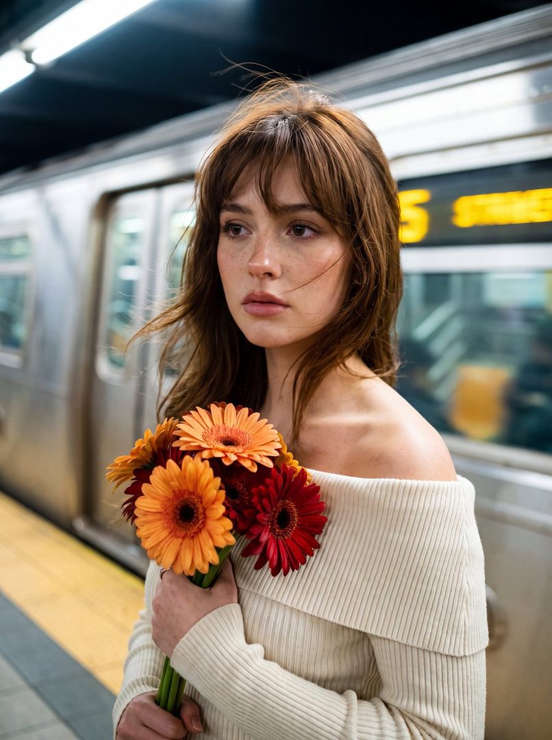 A young woman with brown hair and freckles holds a bouquet of gerbera daisies on a subway platform, with a blurred train in the background.