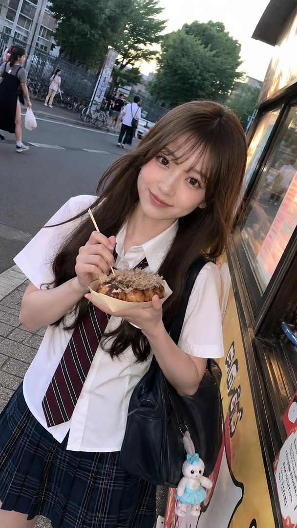 A young woman in a school uniform holding takoyaki on the street.
