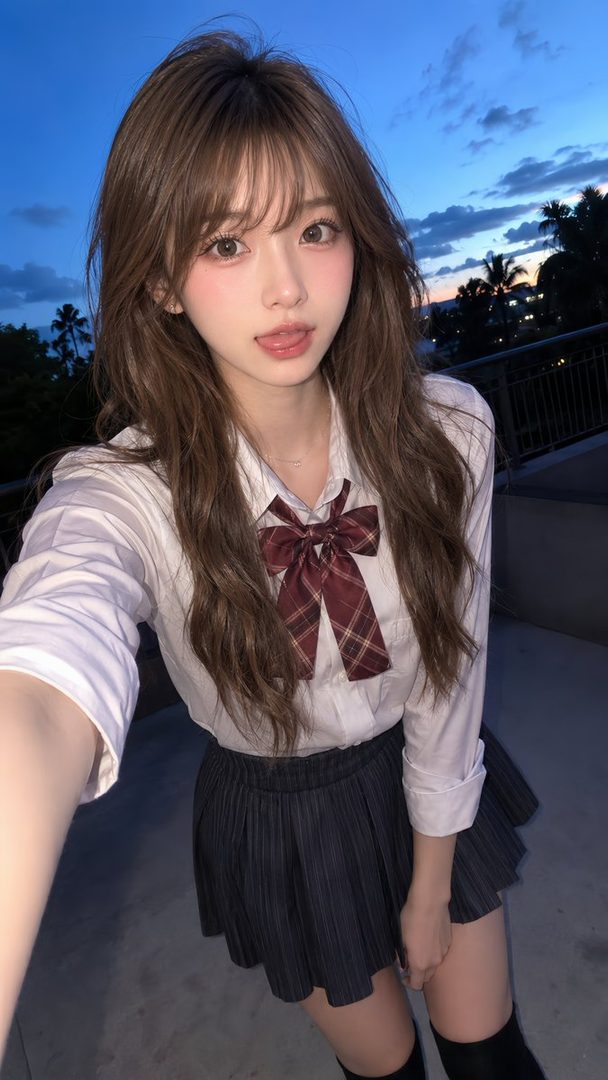 A young woman in a school uniform takes a selfie outdoors at dusk, sticking her tongue out playfully.