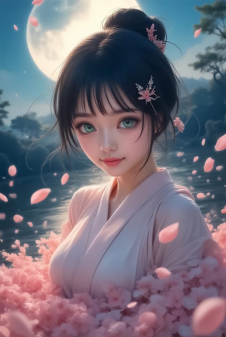 AI generated portrait of a beautiful East Asian woman with black hair in a bun, wearing a pink kimono, surrounded by pink flowers, with a large moon in the background.
