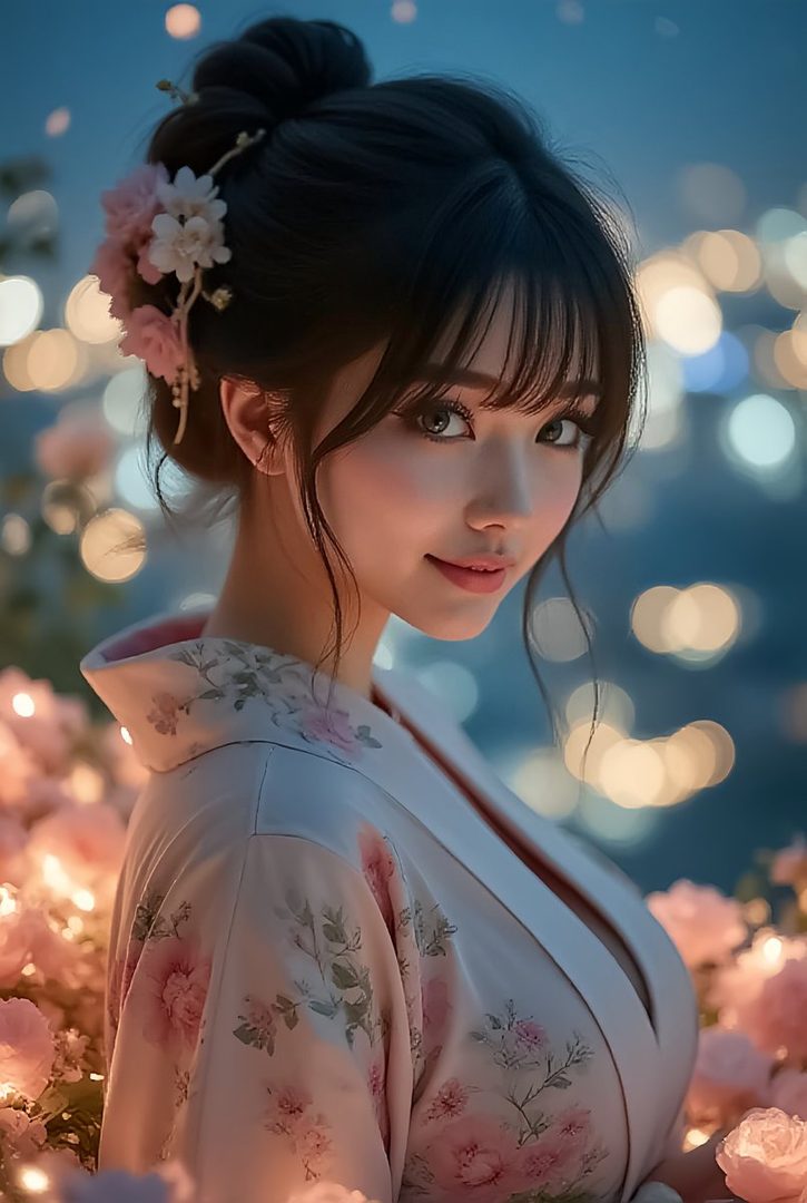 A beautiful AI-generated woman in a floral kimono, with her hair styled up and adorned with flowers, posing against a bokeh background of city lights.