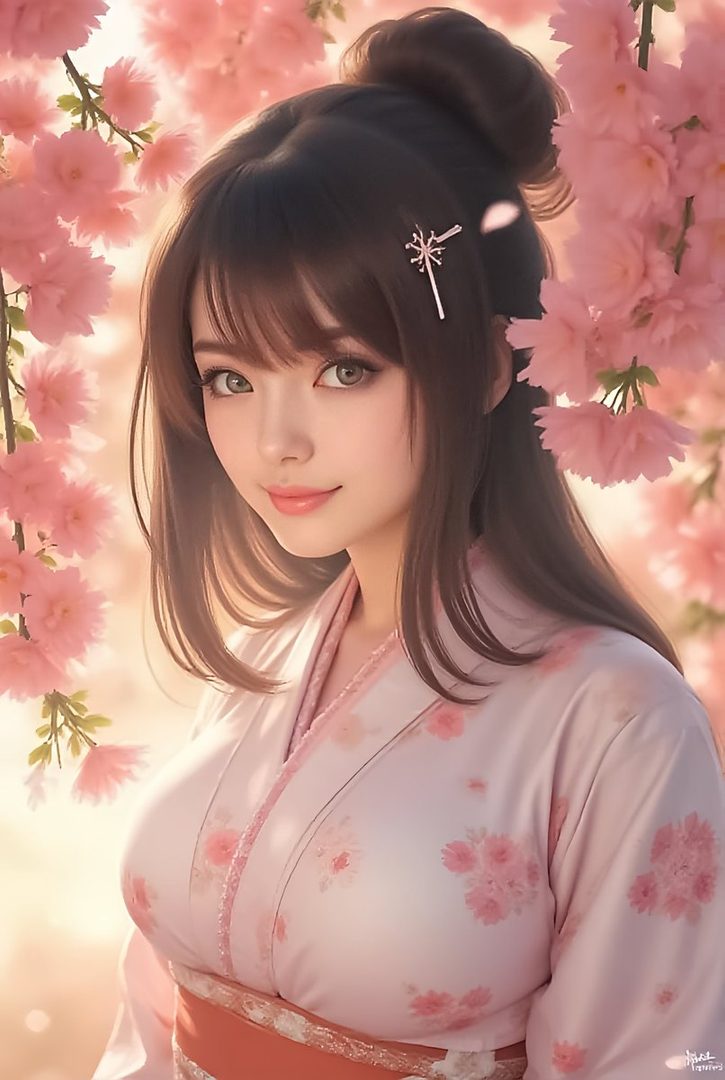 A beautiful AI-generated portrait of a young woman with long brown hair, wearing a pink floral kimono, with cherry blossoms in the background.