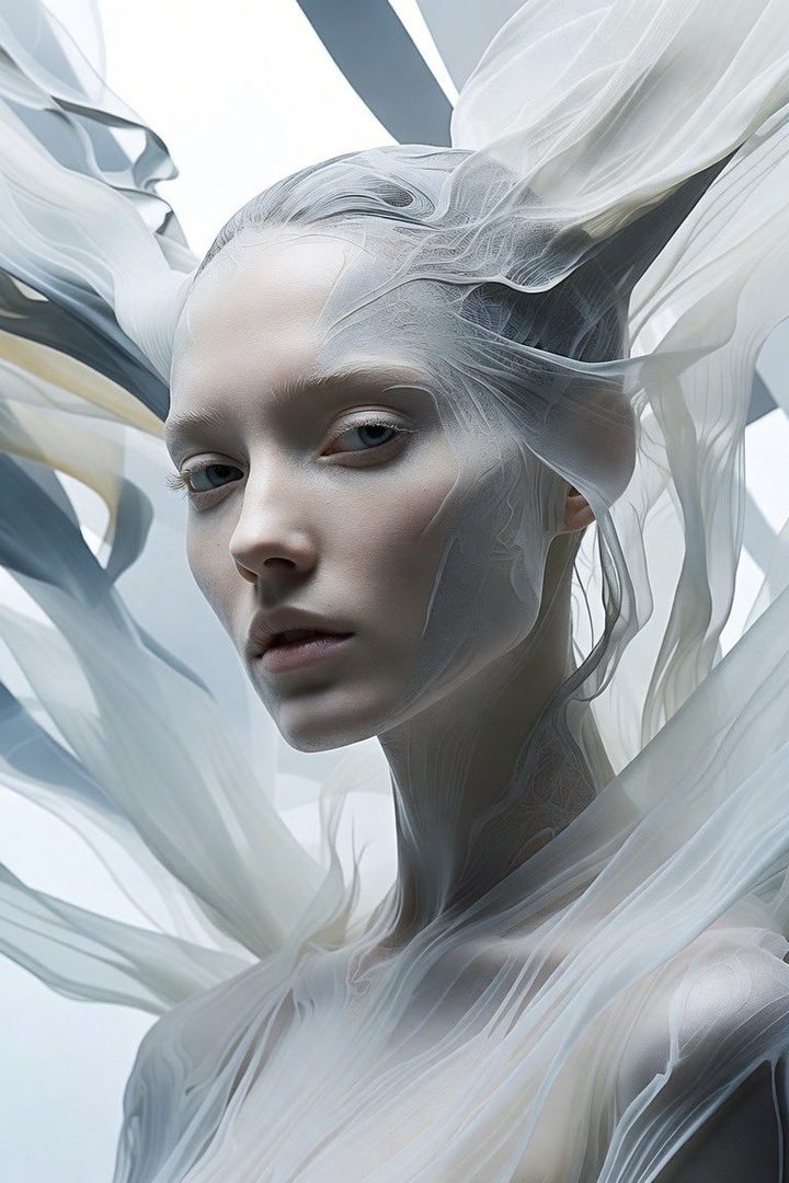 A photorealistic portrait of a woman with ethereal white fabric flowing around her head and shoulders, against a bright background.