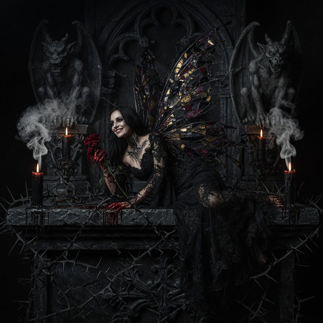 A gothic fairy with black lace dress and iridescent wings holds a red rose, sitting on a stone altar with gargoyles and candles.