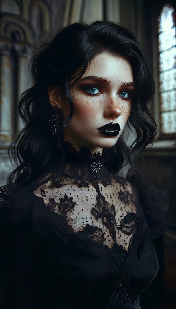 A striking portrait of a young woman with dark wavy hair, pale skin, freckles, and dark lipstick, wearing a black lace dress.