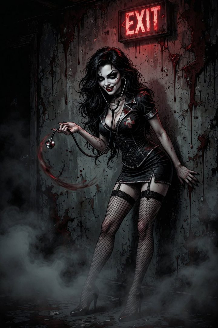 A gothic nurse with long black hair and dramatic makeup, wearing a provocative black uniform and fishnet stockings, leans against a blood-splattered wall under a red EXIT sign.