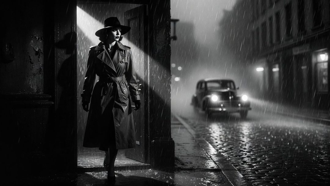 A woman in a trench coat and hat stands in a doorway on a rainy night, with a vintage car driving down the street in the background.