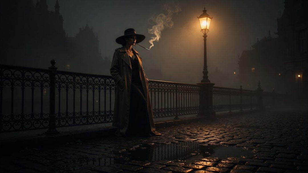 A woman in a trench coat and hat stands on a foggy, cobblestone street at night, smoking a cigarette under a lamppost, evoking a film noir atmosphere.