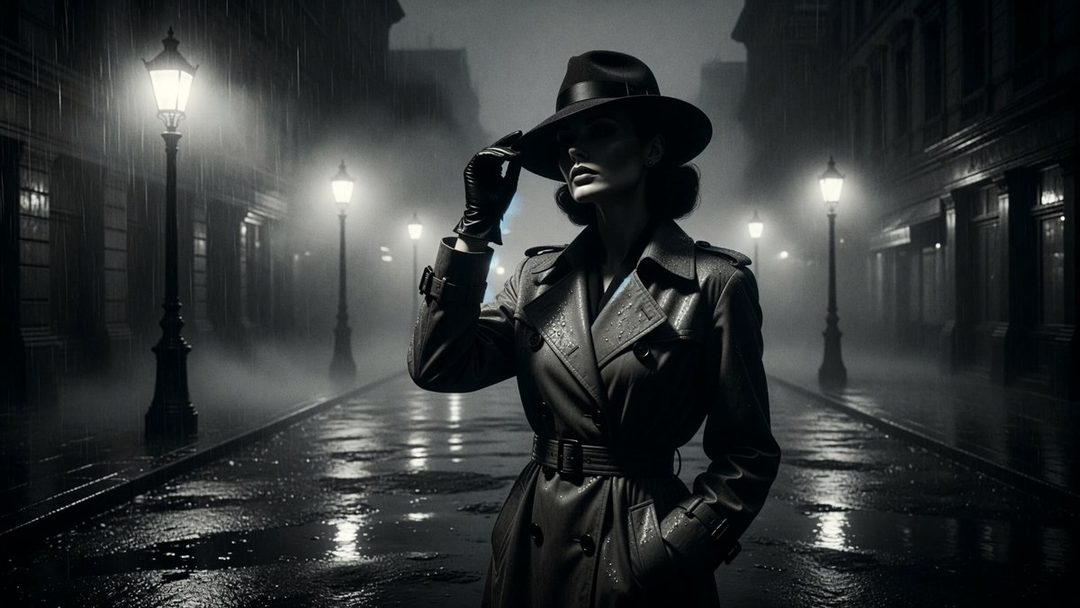 A woman in a trench coat and fedora hat stands on a foggy, rain-soaked street at night, in a classic film noir style.