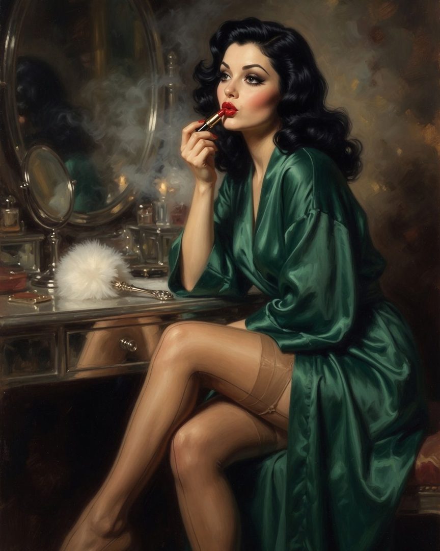 A vintage-style portrait of a woman applying red lipstick in a green satin robe, with a vanity table and mirror.