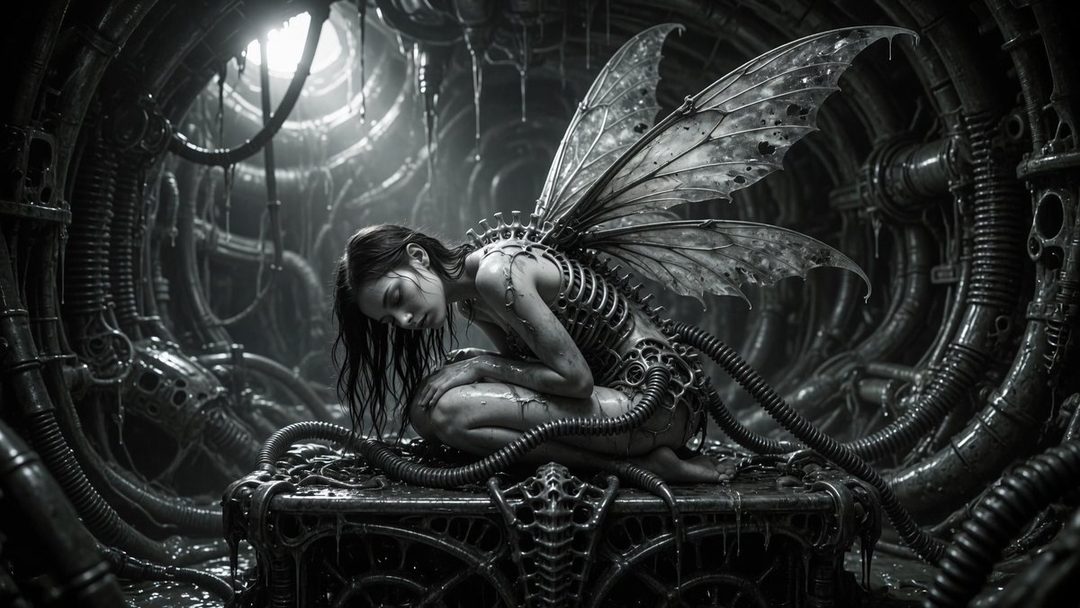 A dark, surreal portrait of a woman with mechanical wings, crouched in a biomechanical environment.