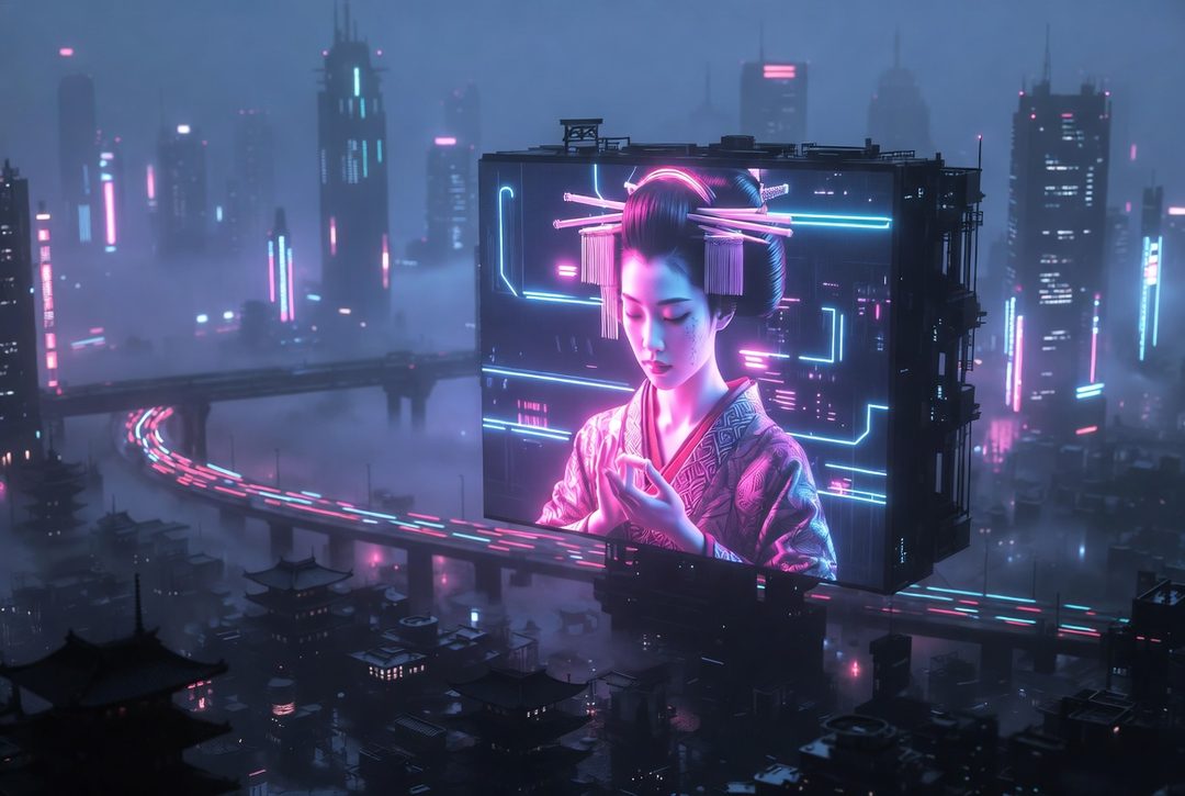 A photorealistic portrait of a geisha in a futuristic city, displayed on a large screen.