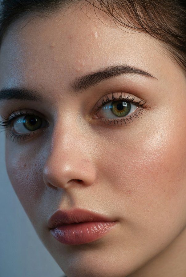 Extreme close-up portrait of a young woman with green eyes and brown hair, showcasing her facial features and skin texture.