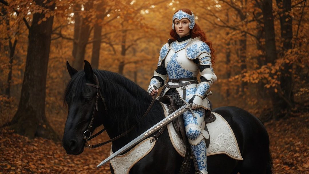 A woman in ornate white and blue armor rides a black horse through an autumn forest.