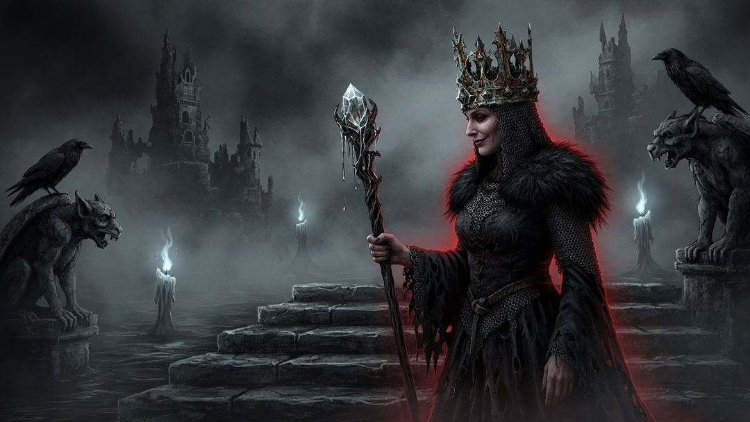 A gothic sorceress wearing a crown and holding a staff, standing in a dark, misty environment with castles and gargoyles.