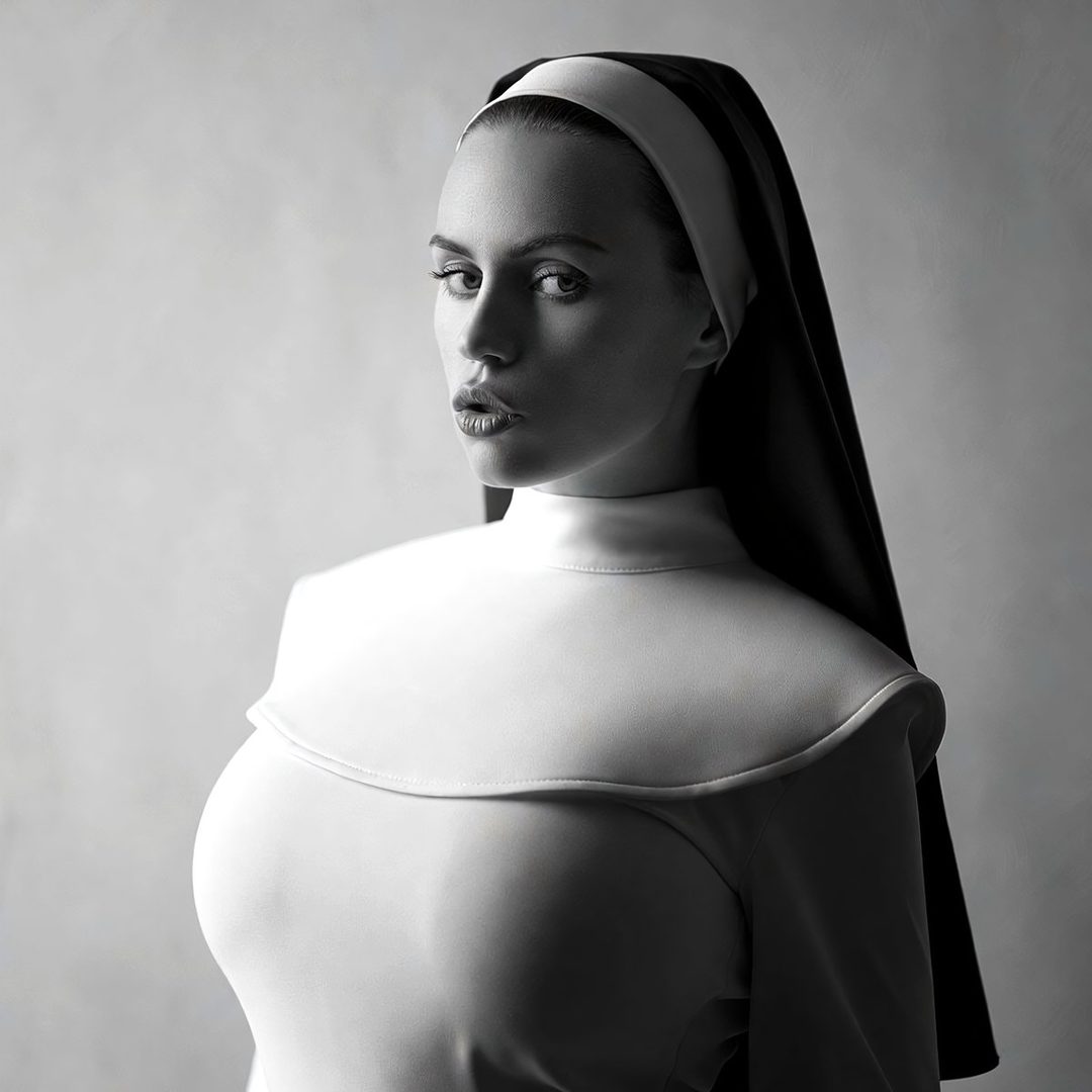 A black and white studio portrait of a woman dressed as a nun, with a playful pout.