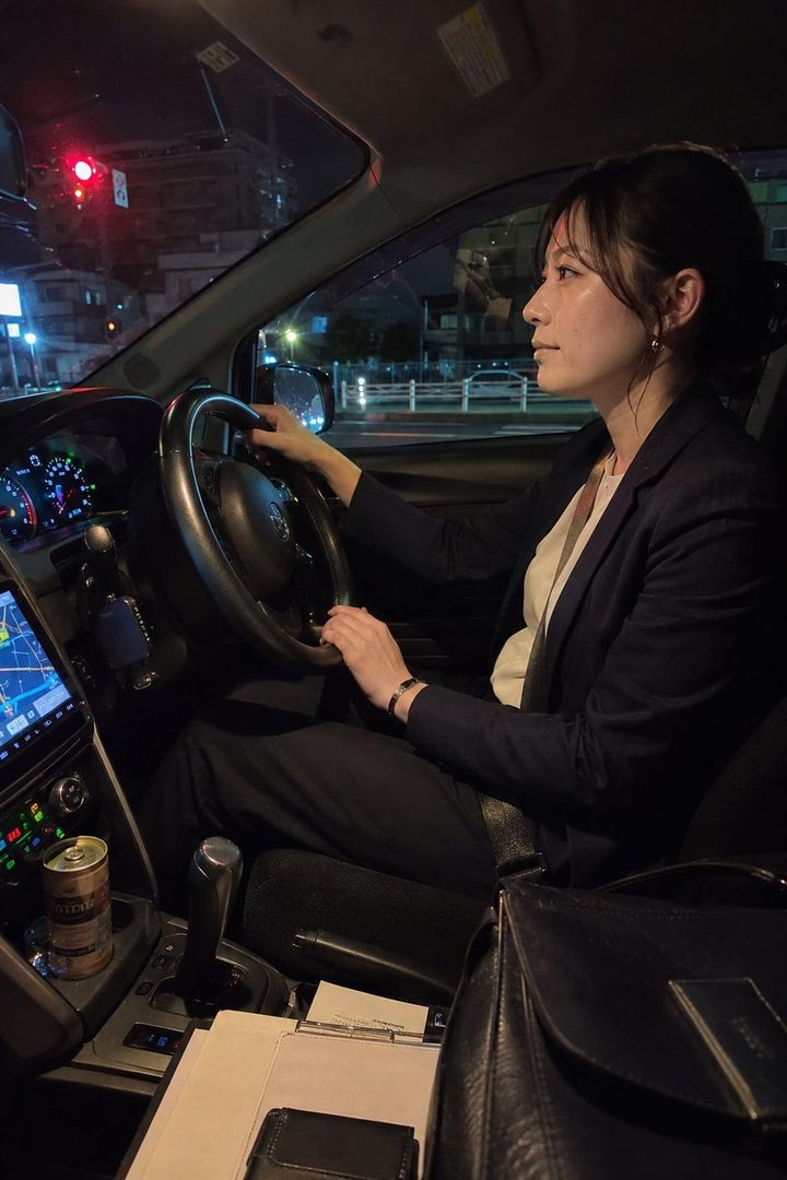 A woman in a dark suit jacket is driving a car at night, with city lights visible outside the window.