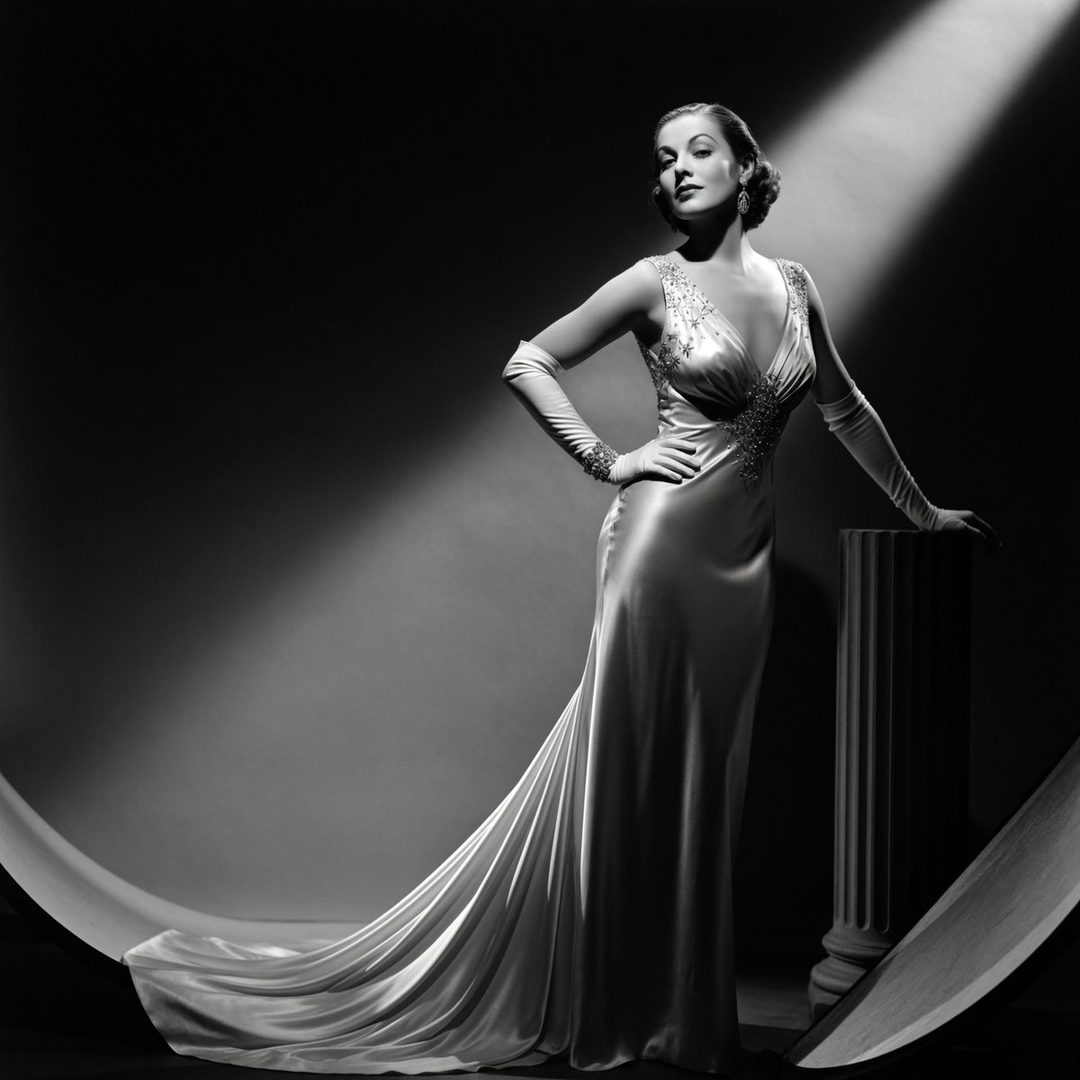 A glamorous woman in a long, flowing satin gown and opera gloves poses elegantly in a studio setting with dramatic lighting.