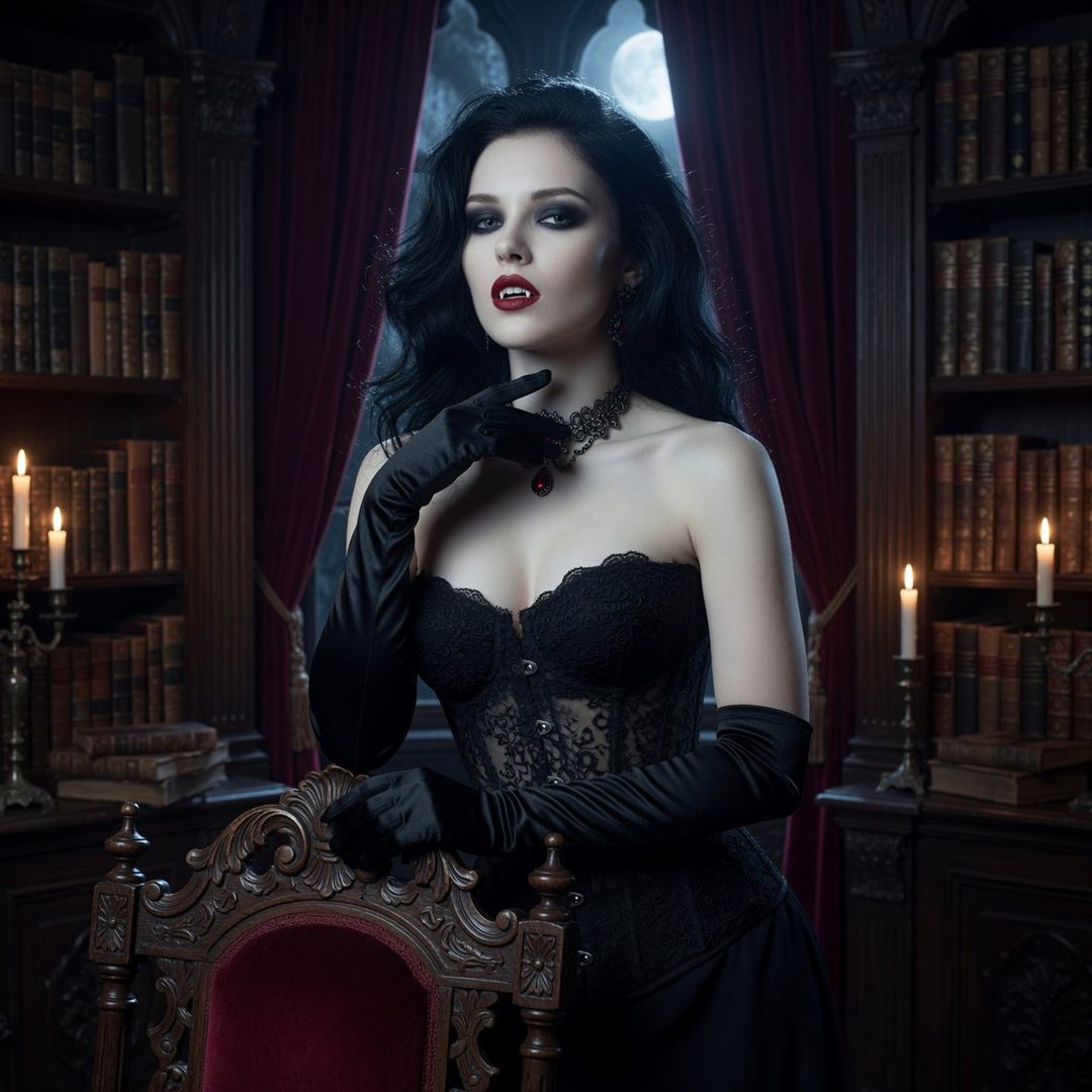 A gothic vampire woman with long black hair, pale skin, and red lipstick, wearing a black lace corset and long gloves, posing in a dimly lit library with bookshelves and candles.