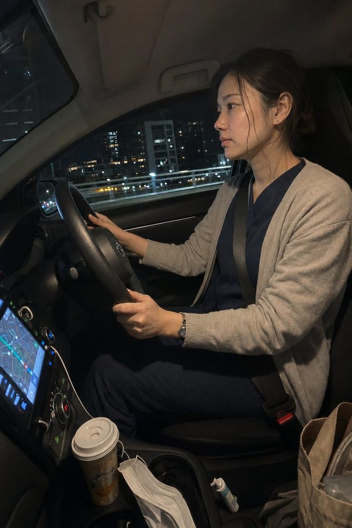 A woman with dark hair tied back, wearing a grey cardigan over a navy top, is driving a car at night, with city lights visible outside the window.