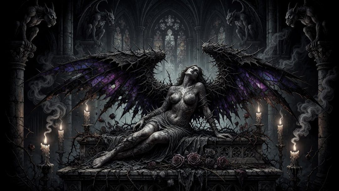 A gothic portrait of a woman with large, dark, thorny wings, lying on a stone altar surrounded by roses and candles.