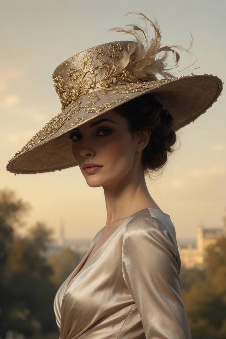 A woman wearing an ornate, wide-brimmed hat with gold embellishments and feathers, posing outdoors in a satin dress.