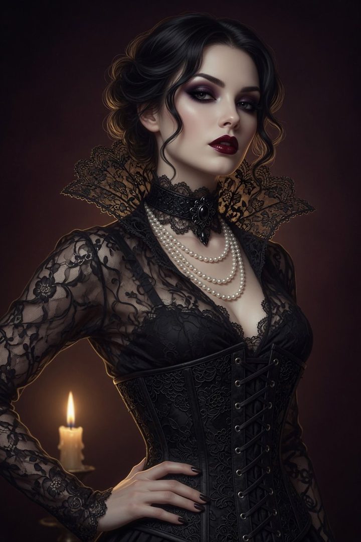 A gothic woman with dark hair and dramatic makeup, wearing a black lace dress and pearls, poses elegantly in a dimly lit room with a candle.