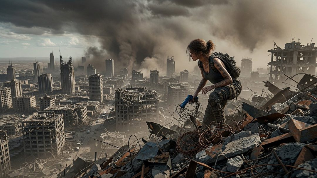 A woman with a ponytail, dressed in tactical gear, crouches on a pile of rubble overlooking a destroyed city with smoke in the background.