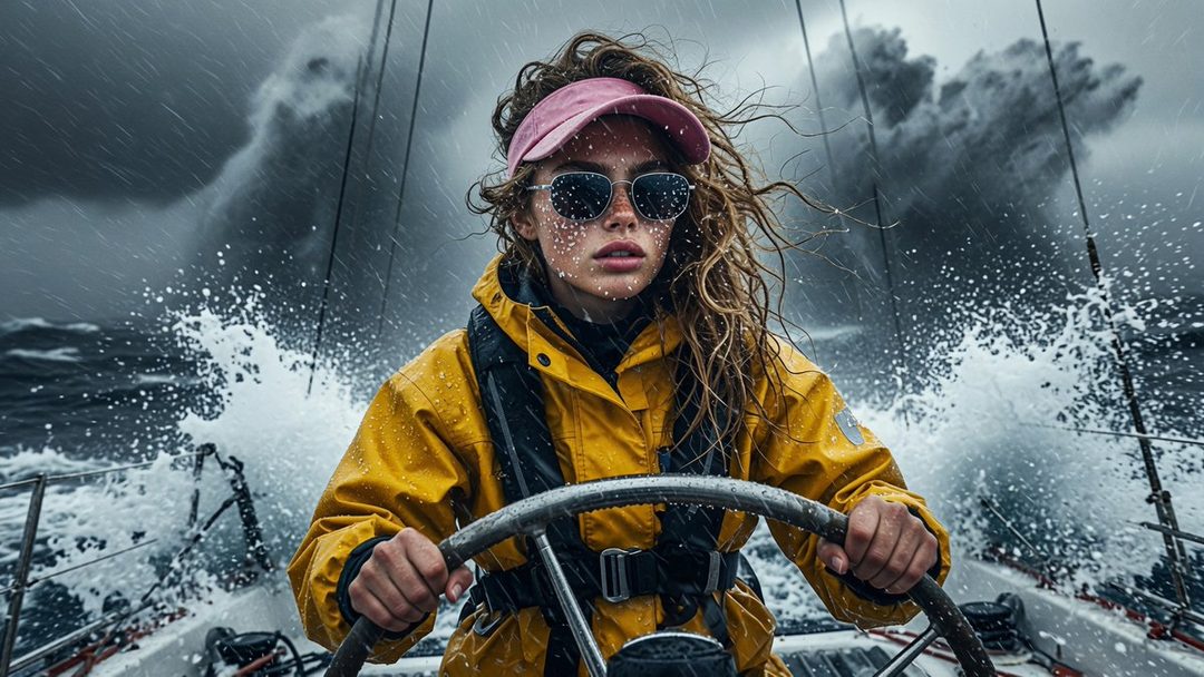 A woman in a yellow raincoat and pink visor steers a sailboat through rough, rainy seas.