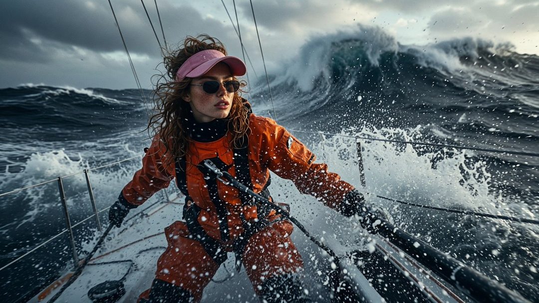 A woman with curly red hair, wearing sunglasses and an orange waterproof jacket, sails a boat through rough seas with large waves crashing.
