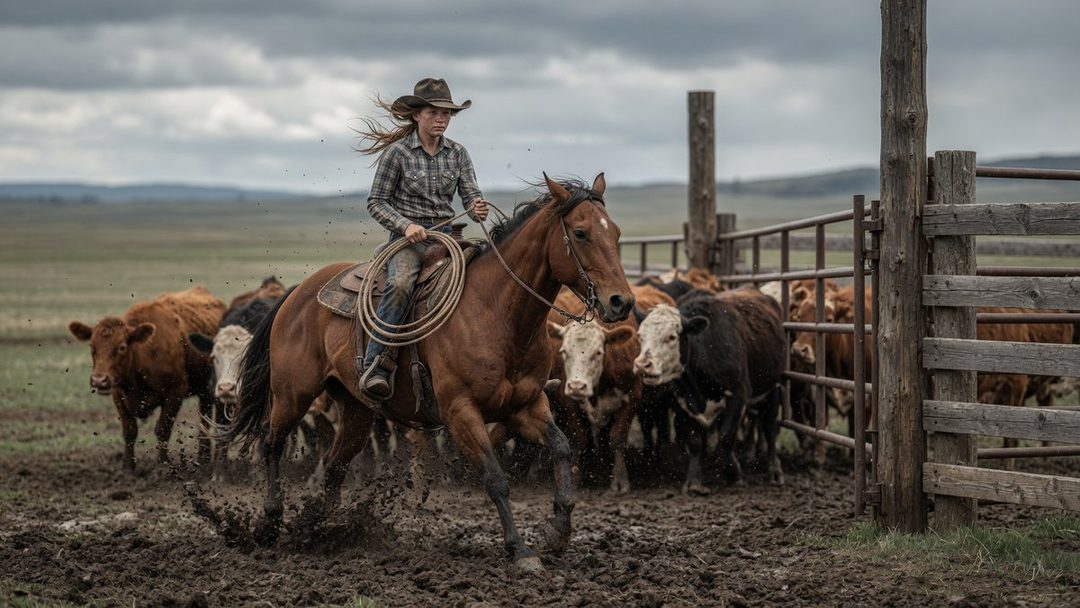 A young woman in a cowboy hat and plaid shirt rides a horse through a muddy corral, herding cattle under a cloudy sky.