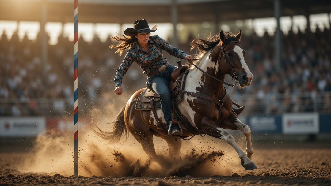 A cowgirl in a patterned shirt and jeans rides a brown and white horse through a dusty arena, with spectators in the background.