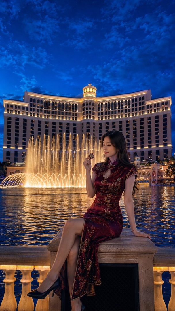 A woman in a red cheongsam sits by a fountain at night, holding a poker chip, with a grand building in the background.