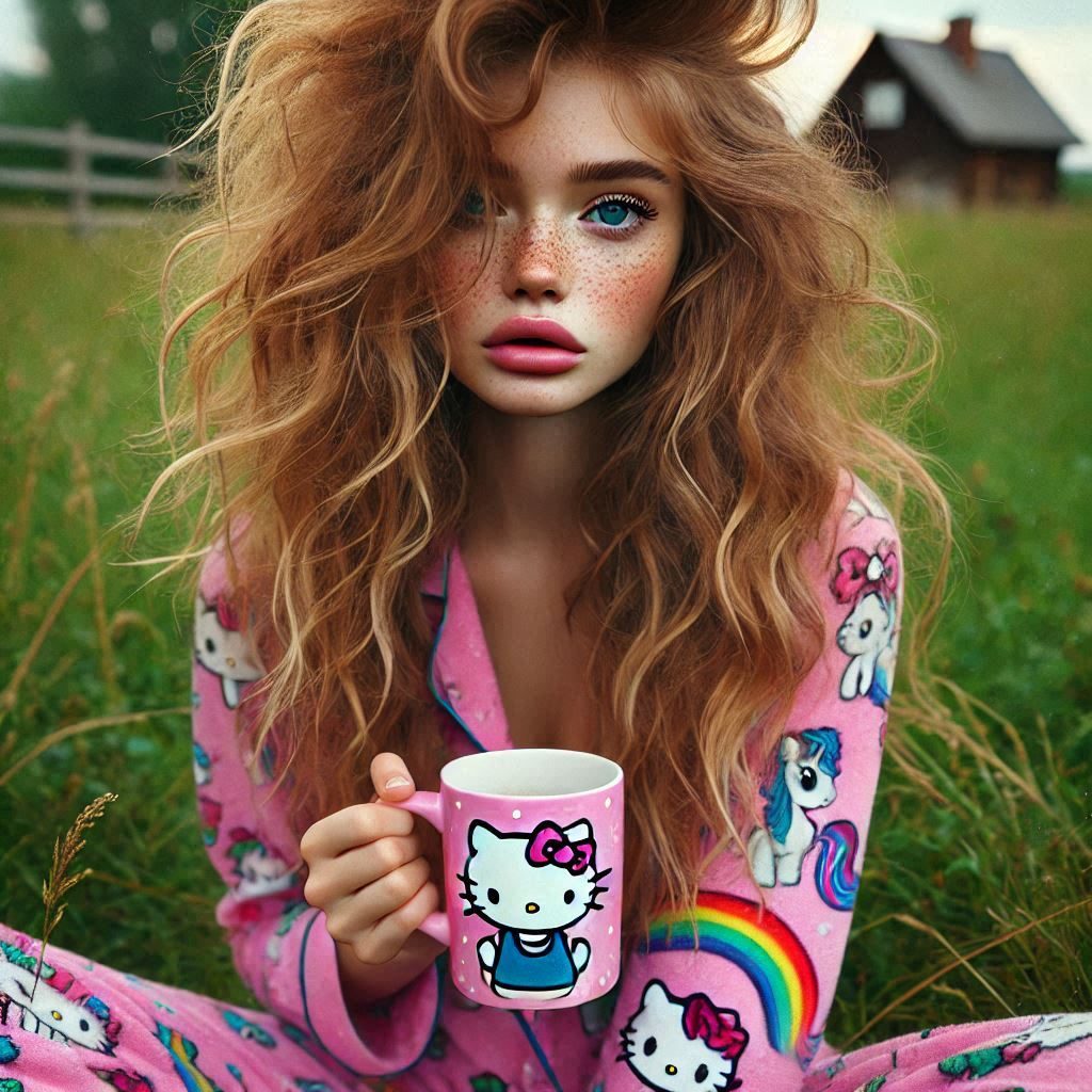 A young woman with long, wavy red hair and blue eyes, wearing pink pajamas with Hello Kitty and My Little Pony prints, sits outdoors holding a Hello Kitty mug.