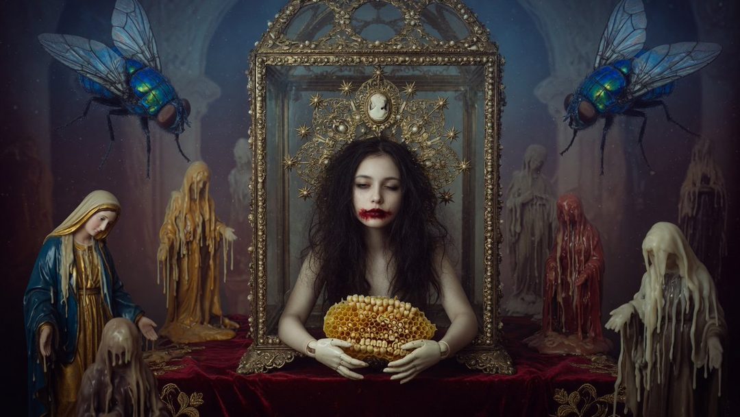 A young woman with dark, messy hair and blood-red lipstick sits in a golden ornate frame, holding a honeycomb. She is surrounded by melting statues and large flies, creating a surreal and gothic atmosphere.
