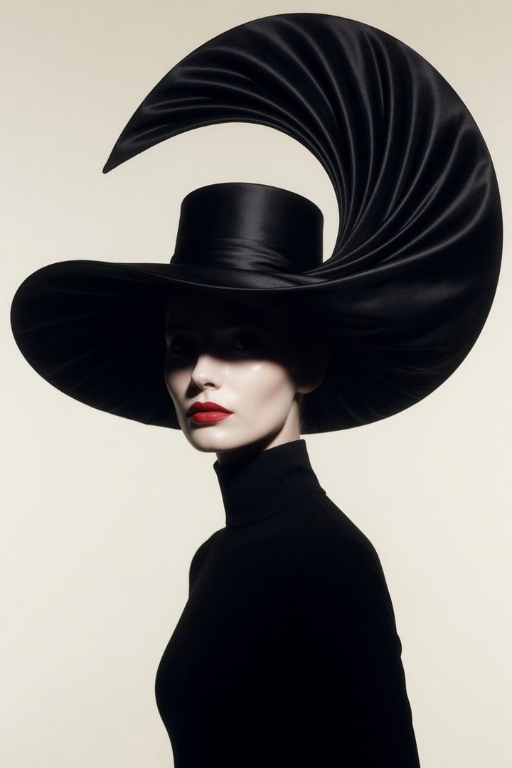 A woman wearing a dramatic black hat and turtleneck, posing in a studio portrait.