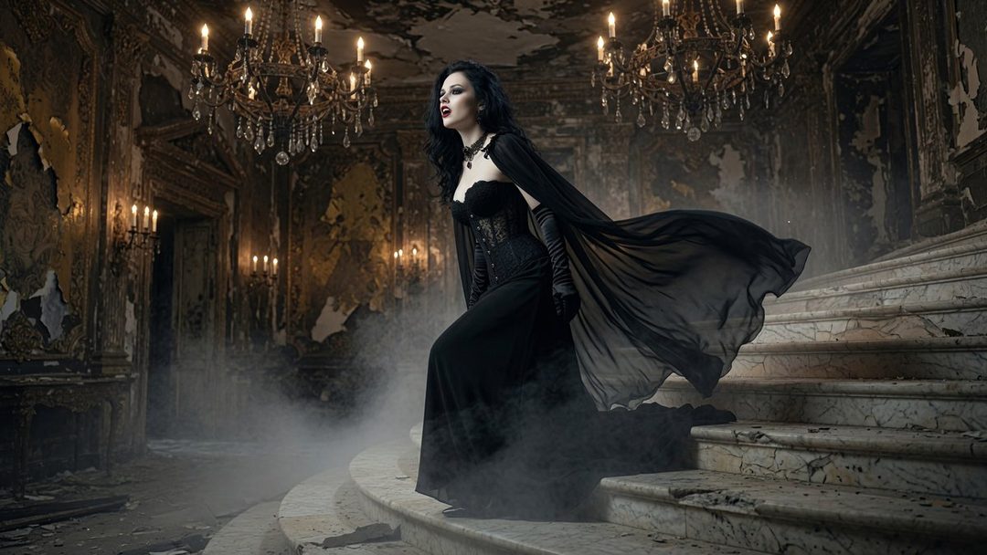 A woman in a black gothic dress with a flowing cape stands on a marble staircase in a dilapidated ballroom, with chandeliers and smoke creating a dramatic atmosphere.